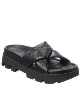 Salvatore Ferragamo Air Lug Black Crisscross Leather Slides.